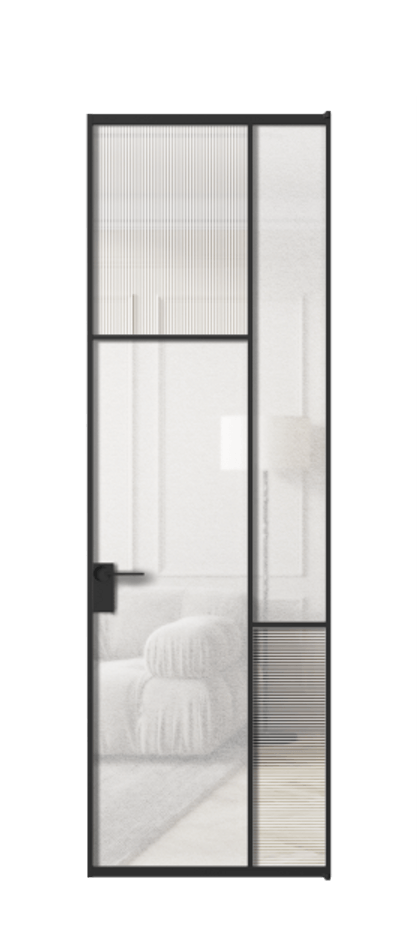 Межкомнатная дверь Mosaic АЛПЛ041.10 Алюминий Черный Рифлёное стекло "Дюна", триплекс, 6 мм + Фактурное стекло "Лёд", триплекс, 6 мм Цена 129772 ₽ | Volhovec
