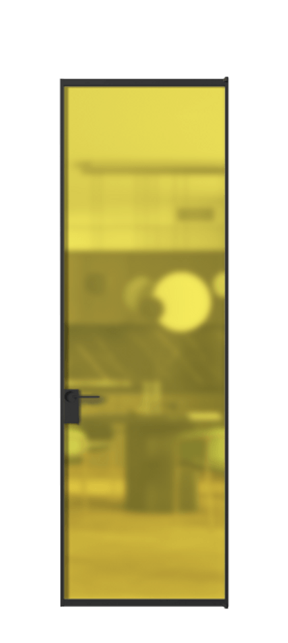 Алюминиевая дверь АЛПЛ040.01 Алюминий Черный Сатинированное жёлтое стекло, триплекс, 6мм Цена 103132  | Volhovec