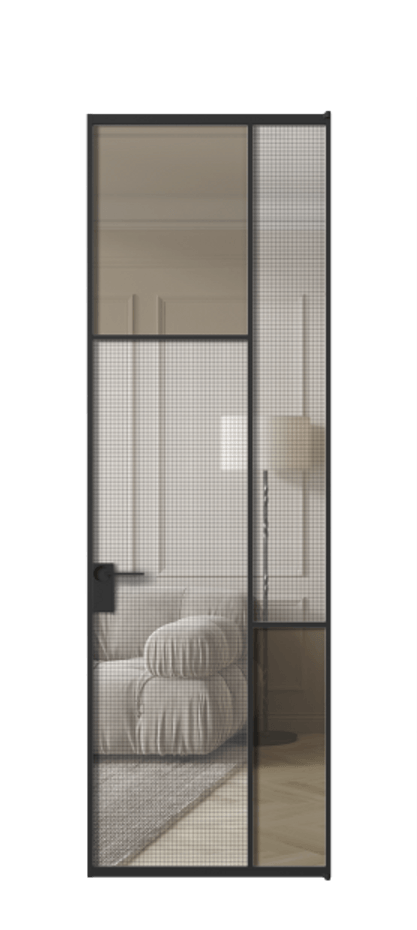 Межкомнатная дверь Mosaic АЛПЛ041.10 Алюминий Черный Декоративное стекло с сеткой "Mesh silver", триплекс, 6 мм + Прозрачное бронзовое стекло, триплекс, 6 мм Цена 128172 ₽ | Volhovec