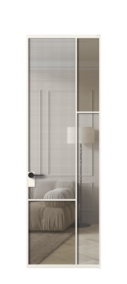 Межкомнатная дверь Mosaic АЛПЛ041.12 Алюминий пудровый белый Декоративное стекло с сеткой "Mesh silver", триплекс, 6 мм + Прозрачное бронзовое стекло, триплекс, 6 мм Цена 96160 ₽ | Volhovec