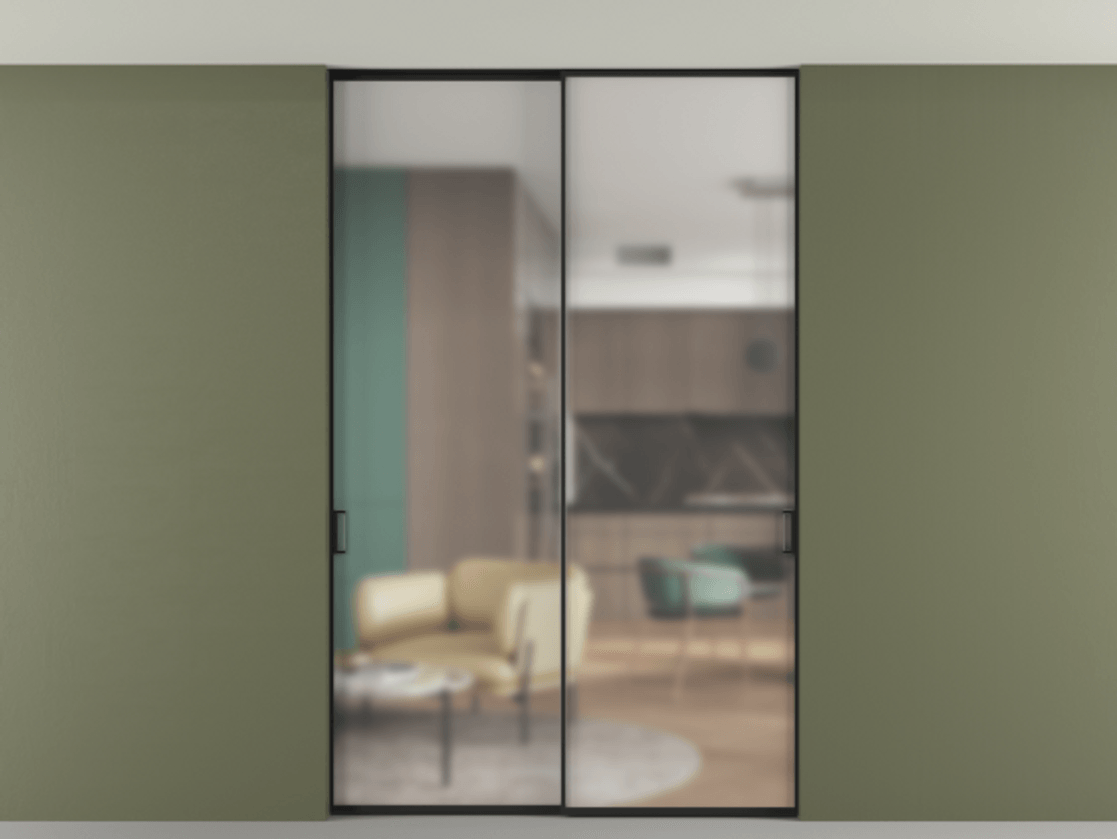 Перегородка Formato внутри проёма двустворчатая со скрытым креплением в потолок АЛПР 040.01 Алюминий Черный Сатинированное стекло "Matelux Crystal Vision", калёное, 6 мм, матовое, каленое 6 мм Цена 270600 ₽ | Volhovec