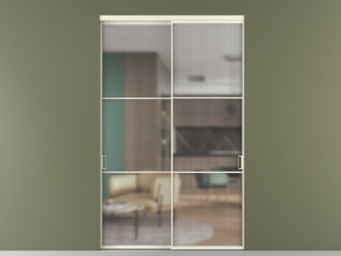 Перегородка Formato внутри проёма 2 створки АЛПР 040.03 Алюминий молочно-белый Декоративное стекло с сеткой "Mesh silver", триплекс Цена 478300 ₽  | Volhovec