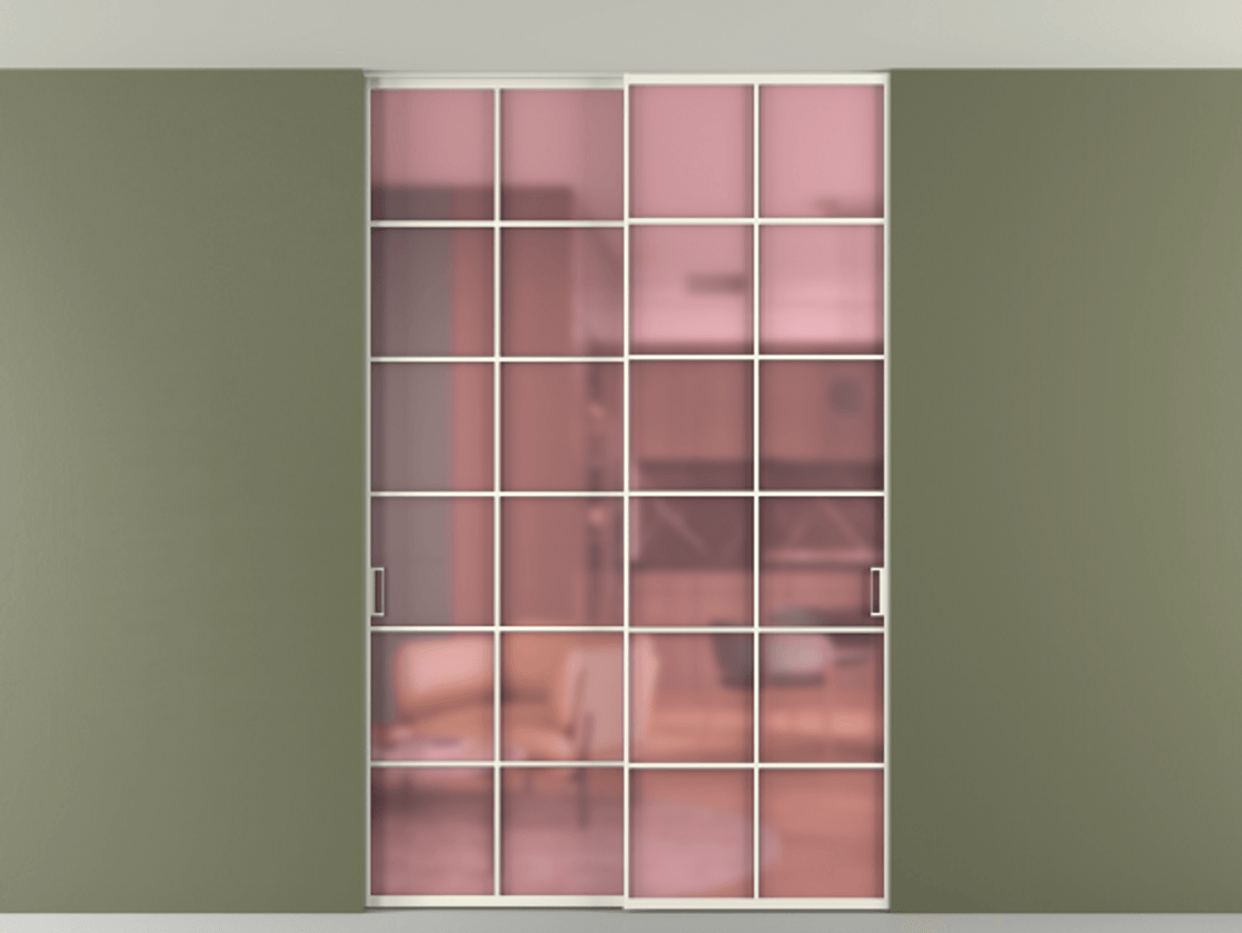 Перегородка Formato внутри проёма скрытое крепление в потолок 2 створки АЛПР 040.05 Алюминий жемчужный Сатинированное розовое стекло, триплекс Цена 270204 ₽ | Volhovec