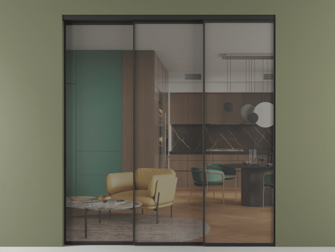 Перегородка Formato внутри проёма телескопик синхро 2 АЛПР 040.01 Алюминий Черный Прозрачное серое стекло, триплекс, 6 мм Цена 335500 ₽  | Volhovec