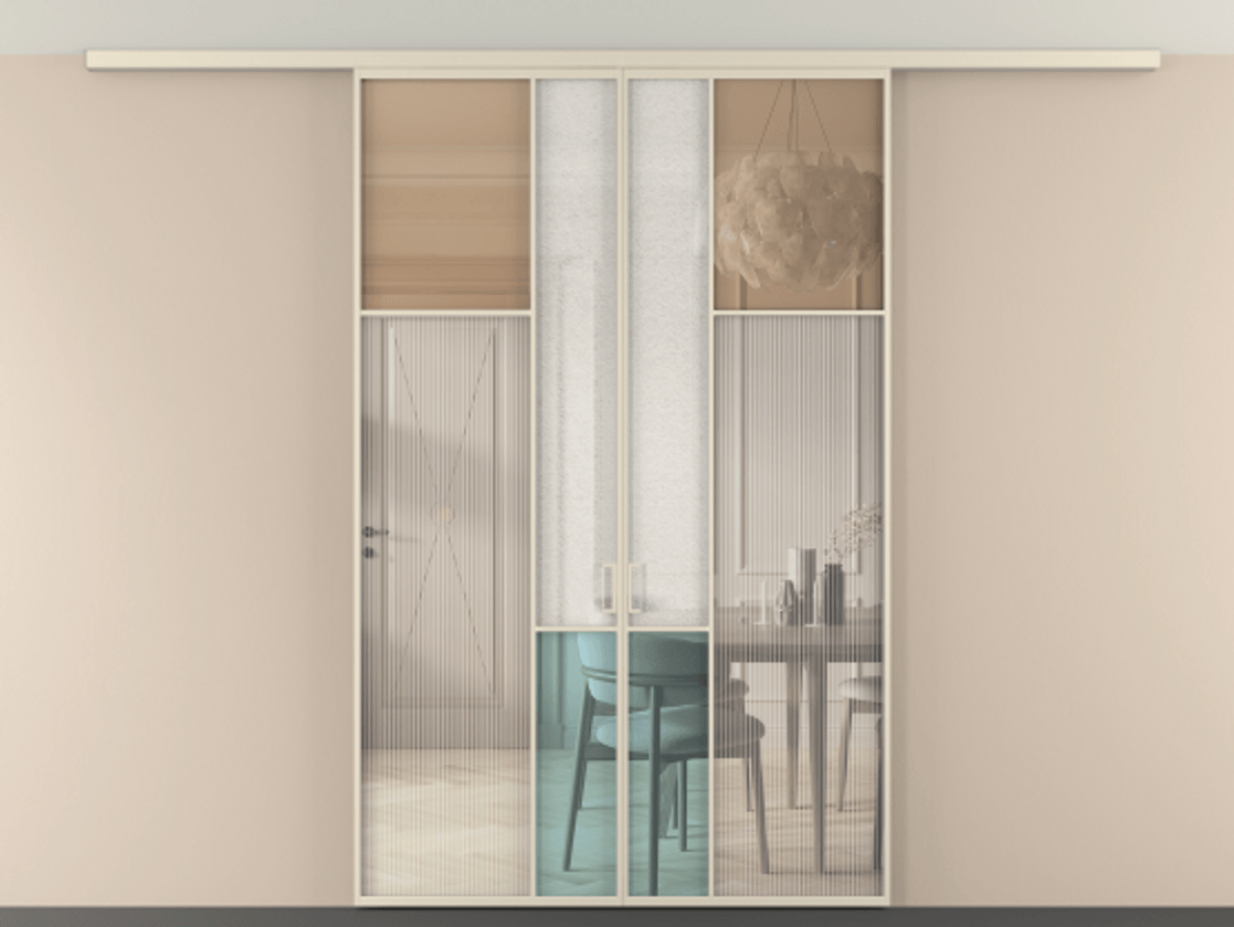 Перегородка Mosaic вдоль стены на потолок 2 створки АЛПР 041.11 Алюминий бежево-серый Комбинация стекол Группы 1 и Группы 3 Цена 274980 ₽ | Volhovec