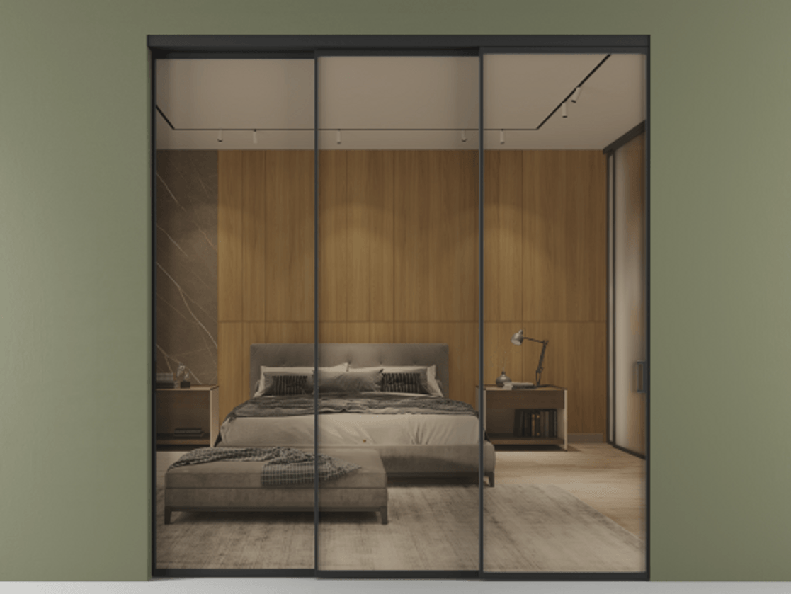 Перегородка Formato внутри проёма телескопик синхро 2 АЛПР 040.01 Алюминий Черный Рефлективное бронзовое стекло "Stopsol", калёное, 6 мм Цена 395450 ₽  | Volhovec