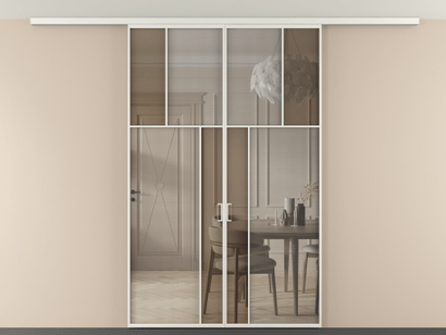 Алюминевая перегородка vdp2_2_АСР_MS+Бронза триплекс_new. Цвет Алюминий серый. Материал Алюминий в эмали. Коллекция Перегородка Mosaic вдоль стены на потолок двустворчатая. Картинка.