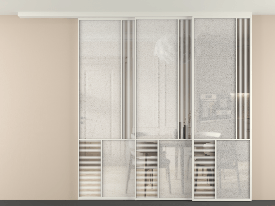 Алюминевая перегородка vdt3_1 БЕЛ. Цвет Алюминий Белый. Материал Алюминий. Коллекция New Перегородка Mosaic вдоль стены на потолок 3 створки с синхронным механизмом. Картинка.