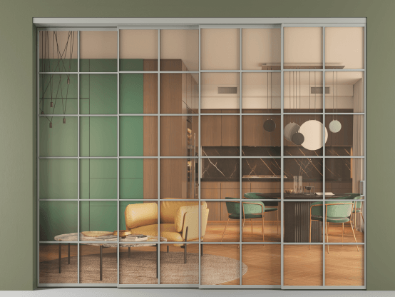 Алюминевая перегородка АЛПР 040.05_АНСР_ПРОЗ ОРАНЖ_new. Цвет Алюминий нейтральный серый. Материал Алюминий в эмали. Коллекция Перегородка Formato внутри проёма 4 створки с синхронным механизмом. Картинка.