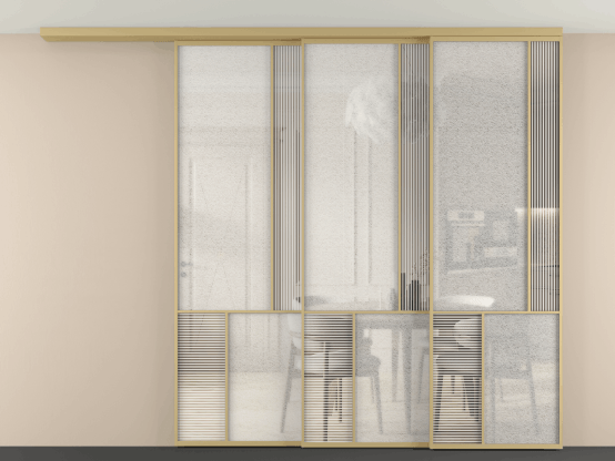 Алюминевая перегородка АЛПР 041.21 ЗОЛ Золотой DUNE+LED. Цвет . Материал Алюминий. Коллекция New Перегородка Mosaic вдоль стены на потолок 3 створки с синхронным механизмом. Картинка.