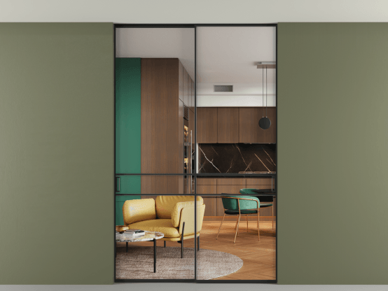 Алюминевая перегородка p2_02 Crystalvision ЧЕР. Цвет Алюминий Черный. Материал Алюминий. Коллекция Перегородка Formato внутри проёма скрытое крепление в потолок 2 створки. Картинка.