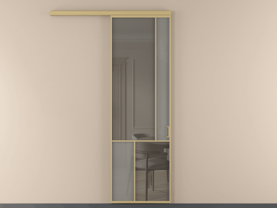 Алюминевая перегородка АЛПР 041.21 ЗОЛ Золотой Серый сатин триплекс+Серый триплекс. Цвет . Материал Алюминий. Коллекция New Перегородка Mosaic вдоль стены 1 створка. Картинка.