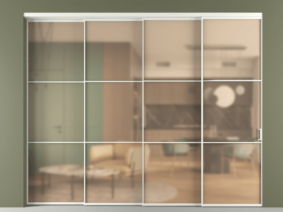 Алюминевая перегородка vn4_03_ Алюминий светло-серый Сатинированное оранжевое стекло, триплекс, 6мм. Цвет Алюминий светло-серый. Материал Алюминий в эмали. Коллекция Перегородка Formato внутри проёма 4 створки с синхронным механизмом. Картинка.