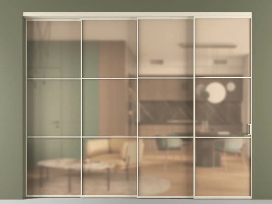 Алюминевая перегородка vn4_03_ Алюминий бежево-серый Сатинированное оранжевое стекло, триплекс, 6мм. Цвет Алюминий бежево-серый. Материал Алюминий в эмали. Коллекция Перегородка Formato внутри проёма 4 створки с синхронным механизмом. Картинка.