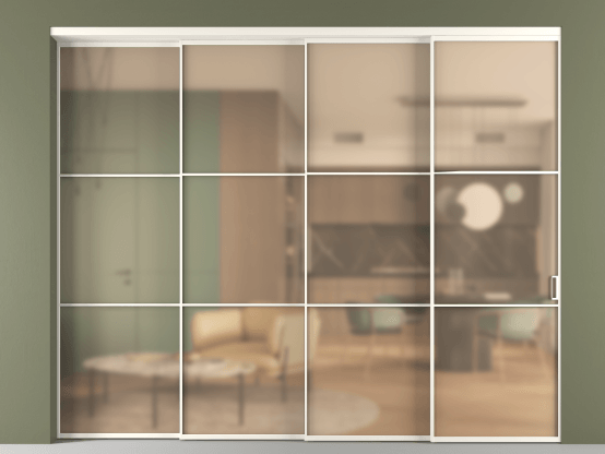 Алюминевая перегородка vn4_03_ Алюминий пудровый белый Сатинированное оранжевое стекло, триплекс, 6мм. Цвет Алюминий пудровый белый. Материал Алюминий в эмали. Коллекция Перегородка Formato внутри проёма 4 створки с синхронным механизмом. Картинка.