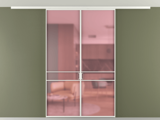 Алюминевая перегородка vd2_02 Алюминий светло-серый Сатинированное розовое стекло, триплекс, 6мм. Цвет Алюминий светло-серый. Материал Алюминий в эмали. Коллекция Перегородка Formato вдоль стены на потолок 2 створки. Картинка.