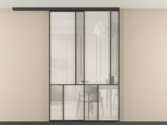 Алюминевая перегородка АЛПР 041.21 ГР Графитовый DUNE+LED. Цвет . Материал Алюминий. Коллекция New Перегородка Mosaic вдоль стены на потолок 2 створки с синхронным механизмом. Картинка.