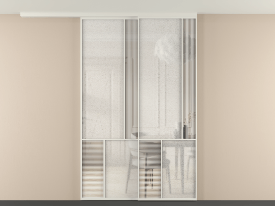 Алюминевая перегородка vdt2_1 БЕЛ. Цвет Алюминий Белый. Материал Алюминий. Коллекция New Перегородка Mosaic вдоль стены на потолок 2 створки с синхронным механизмом. Картинка.