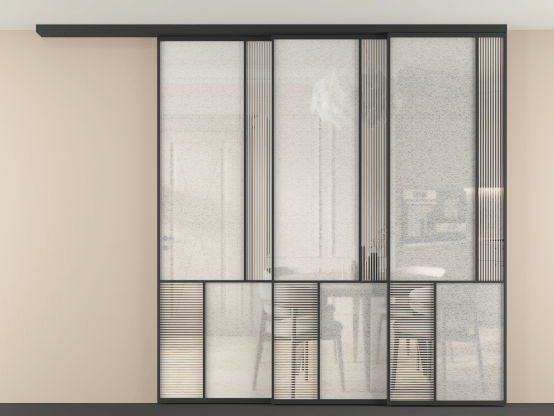 Алюминевая перегородка vdt3_1 ЧЕР. Цвет Алюминий Черный. Материал Алюминий. Коллекция New Перегородка Mosaic вдоль стены на потолок 3 створки с синхронным механизмом. Картинка.