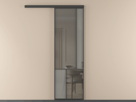 Алюминевая перегородка АЛПР 041.21 ГР Графитовый Серый сатин триплекс+Серый триплекс. Цвет . Материал Алюминий. Коллекция New Перегородка Mosaic вдоль стены 1 створка. Картинка.