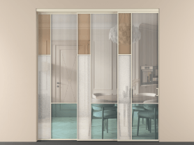 Алюминевая перегородка vnt3_6 Алюминий бежево-серый Четыре стекла. Цвет Алюминий бежево-серый. Материал Алюминий в эмали. Коллекция Перегородка Mosaic внутри проёма 3 створки с синхронным механизмом. Картинка.