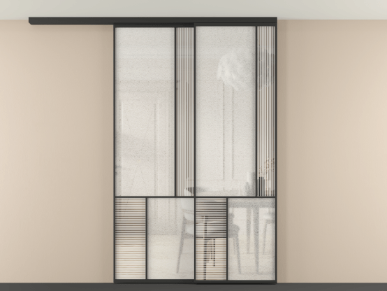 Алюминевая перегородка vdt2_1 ЧЕР. Цвет Алюминий Черный. Материал Алюминий. Коллекция New Перегородка Mosaic вдоль стены на потолок 2 створки с синхронным механизмом. Картинка.