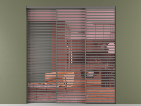 Алюминевая перегородка АЛПР 040.07_АКЛС_ПРОЗ РОЗ_new. Цвет Алюминий классический серый. Материал Алюминий в эмали. Коллекция Перегородка Formato внутри проёма 3 створки с синхронным механизмом. Картинка.