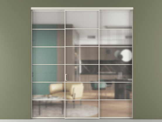 Алюминевая перегородка АЛПР 040.04_АОС_Matelux Crystalvision_new. Цвет Алюминий облачно-серый. Материал Алюминий в эмали. Коллекция Перегородка Formato внутри проёма 3 створки. Картинка.