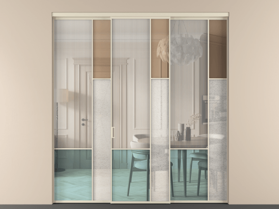 Алюминевая перегородка vn3_8 Алюминий бежево-серый Четыре стекла. Цвет Алюминий бежево-серый. Материал Алюминий в эмали. Коллекция Перегородка Mosaic внутри проёма 3 створки. Картинка.