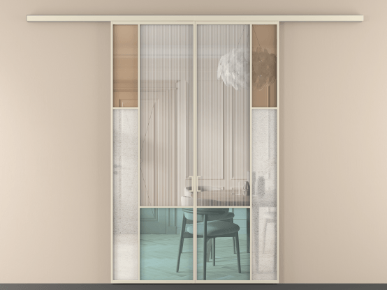 Алюминевая перегородка vd2_6 Алюминий бежево-серый Четыре стекла. Цвет Алюминий бежево-серый. Материал Алюминий в эмали. Коллекция Перегородка Mosaic вдоль стены 2 створки. Картинка.