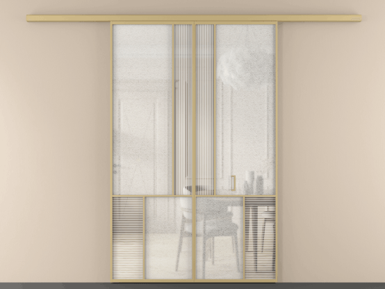 Алюминевая перегородка АЛПР 041.20 ЗОЛ Золотой DUNE+LED. Цвет . Материал Алюминий. Коллекция New Перегородка Mosaic вдоль стены 2 створки. Картинка.