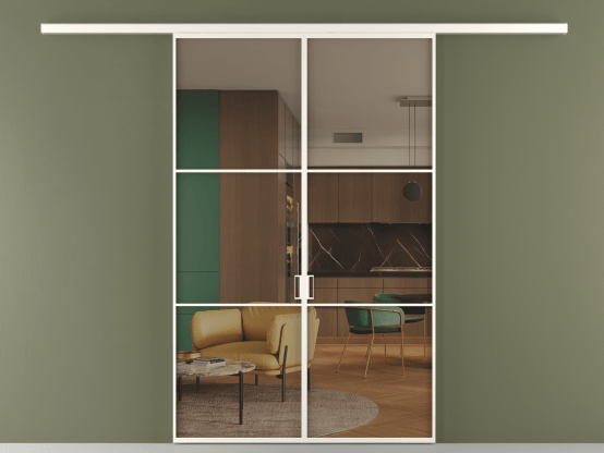 Алюминевая перегородка vd2_03_ Алюминий пудровый белый Бронза прозрачное. Цвет Алюминий пудровый белый. Материал Алюминий в эмали. Коллекция Перегородка Formato вдоль стены 2 створки. Картинка.